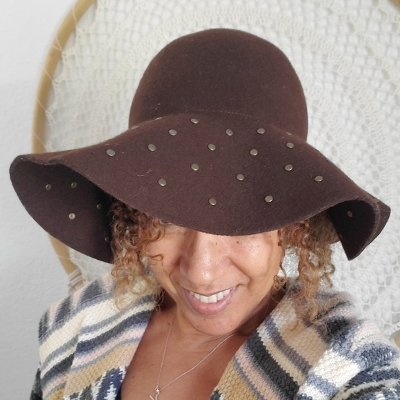 Tahari Chocolate Brown Studded Floppy 100% Wool Hat - Picture 2 of 8
